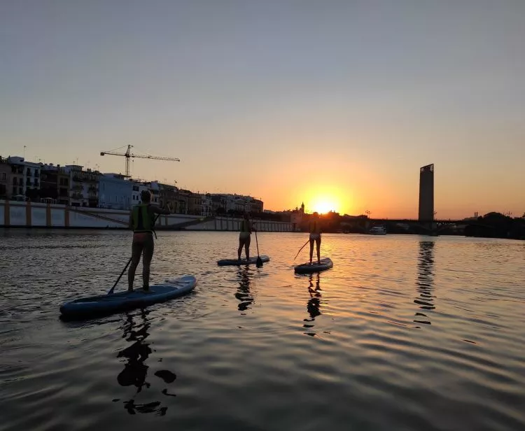 Paddle Surf au coucher du soleil dans le fleuve Guadalquivir